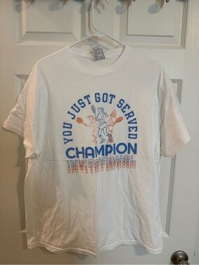 Champion White Tee with Blue and Orange Tennis Graphic